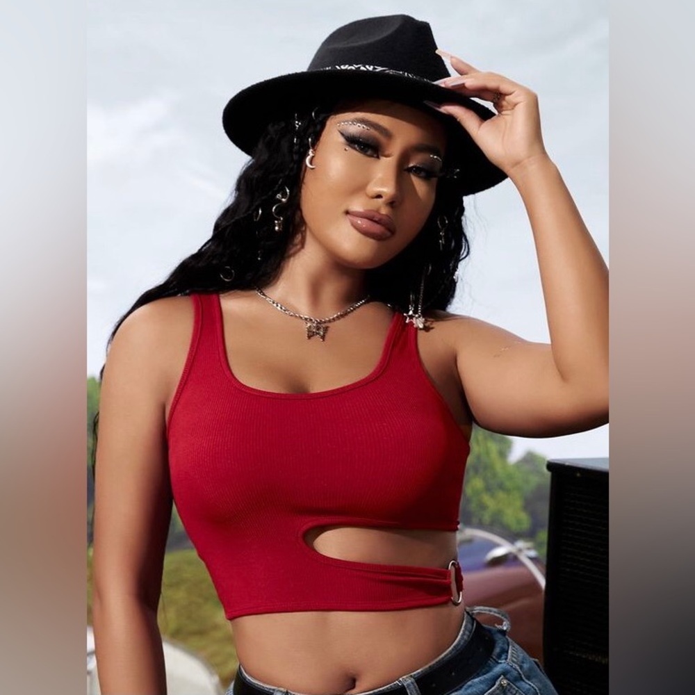 SHEIN SXY Ribbed Cutout Crop Tank Top Red Size L Asymmetrical NWOT